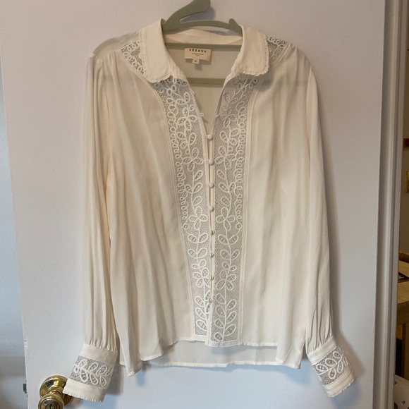 Sezane Tops - White Sezane Blouse with Embroidered Front and Cuffs